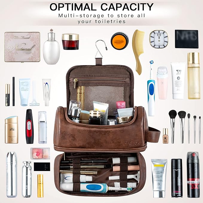 Elviros Toiletry Bag for Mens PU Leather Travel Organizer Kit with Hanging hook, Large Water-resistant Toiletries Bathroom Shaving Bags (Extra Large, Dark Brown)