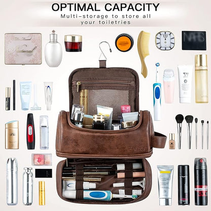Elviros Toiletry Bag for Mens PU Leather Travel Organizer Kit with Hanging hook, Large Water-resistant Toiletries Bathroom Shaving Bags (Extra Large, Dark Brown)