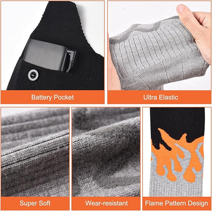 Rechargeable Heated Socks for Men Women Flame Pattern 5V 5000mAh Battery Powered Cold Weather Washable Winter Thermal Thickened Warming Socks for Winter Skiing Riding Camping Outdoors