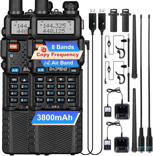 BAOFENG 5RX Ham Radio Handheld, 8-Band Receiving, Air Band, Frequency Copy, 3800mAh Rechargeable Walkie Talkies Two Way Radio with Earpiece,771 Long Range Antanna(Upgraded of UV-5R)-2Pack Full Kit