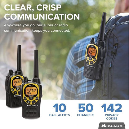Midland 50 Channel GMRS Two-Way Radio - Long Range Walkie Talkie with 142 Privacy Codes, SOS Siren, and NOAA Weather Alerts and Weather Scan (Black/Yellow, Pair Pack)