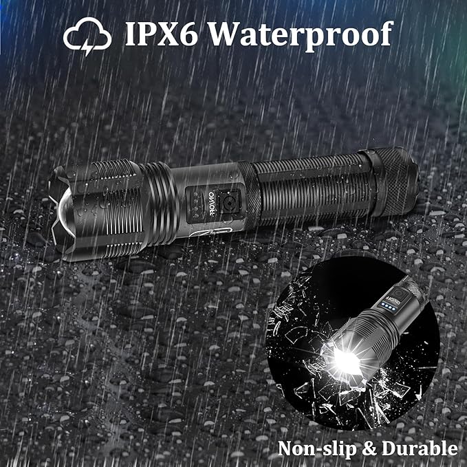 Rechargeable Flashlights 10000 High Lumens, Mini Handheld Flashlights with 3000mAh Battery, 5 Modes, Zoomable, IPX8 Waterproof, USB Tactical Flashlights for Emergencies, Camping, Dog Walking