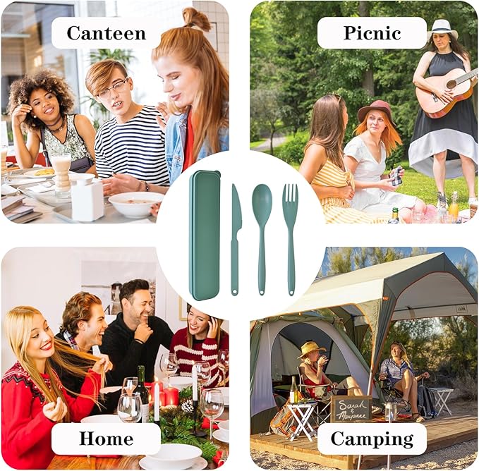 Lnrkai Large Reusable Utensil Set with Case, 4 Sets Portable Plastic Spoons Fork Knife Camping Utensils Silverware for Lunch Box Accessories for Kids Adults Travel Picnic Camping Use(Dark Color)
