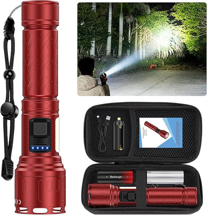 Flashlights 100,000 High Lumens Rechargeable - Super Bright LED Magnetic Flashlight with Sidelight 8 Modes Waterproof Powerful Handheld Flash Light for Emergency (1 Pack with Leather Box, Red)