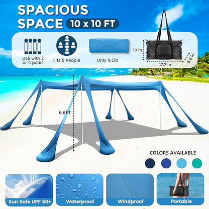 Beach Canopy Beach Tent Pop Up Shade 10x10ft Sun Shelter UPF50+ with 8 Sandbags-2 Sand Shovel-4 Aluminum Poles-Ground Pegs-Portable Carrying Bag for Outdoor Family Camping Fishing Yard Picnic