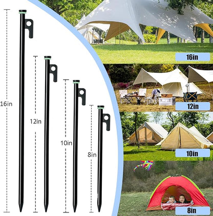 12 Pack Tent Stake with Hammer, 8in Heavy Duty Tent Stakes + 10in Camping Hammer+Storage Pouch, Forged Steel Tent Stakes for Camping Used on Rocks（12 Pack 8in Tent Stakes+Hammer）