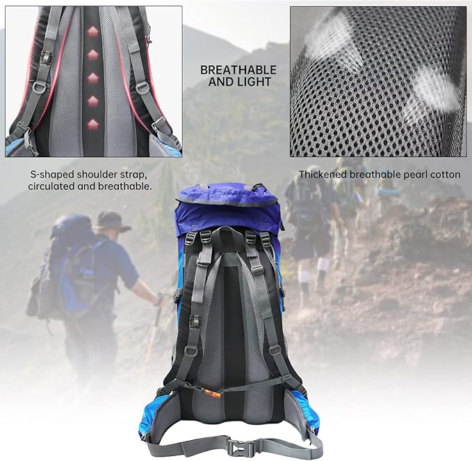 King'sGuard Hiking Backpack for Men and Women 70L+5L Waterproof Lightweight Camping Daypack with Rain Cover for Outdoor Travel Mountaineering - Frameless (Blue)