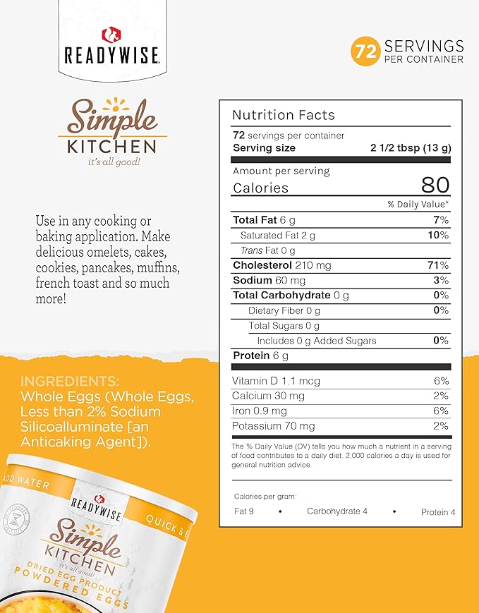 READYWISE - Simple Kitchen, Powdered Eggs, 72 Servings, Emergency Food Supply, Dehydrated Food, Baking Supplies, Camping Meals, Survival Food, 10 Can Egg Powder, Dehydrated Eggs Powder