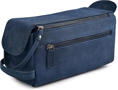 LEATHER VILLAGE Premium Leather Travel Toiletry Bag - Unisex Water-Resistant Travel Dopp Kit, Shaving & Cosmetic Organizer for Men & Women - Compact Bathroom Essentials - Royal Blue