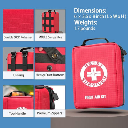 Premium First Aid Kit with Labelled Compartments, Molle System Trauma Kits for Car, Home, Hiking, School, Professional Medical Kits for Outdoor Emergencies & Home Medical Supplies -221 Pieces Set