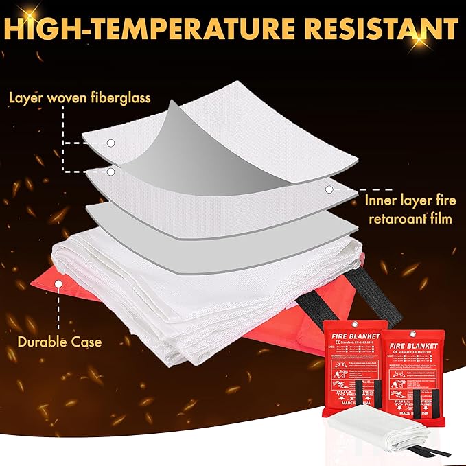 40”x40” Fire Blanket for Home and Kitchen, Emergency Fire Extinguisher Blanket, High Heat Resistant Fire Suppression for Home Safety Kitchen, and Camping (2)