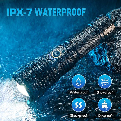 Rechargeable Flashlights 990000 High Lumens, High Power Led Flashlight, XHP70.2 Powerful Tactical Flashlight with Zoomable, 5 Modes, IPX7 Waterproof, Flashlight for Camping, Hiking, Emergencies