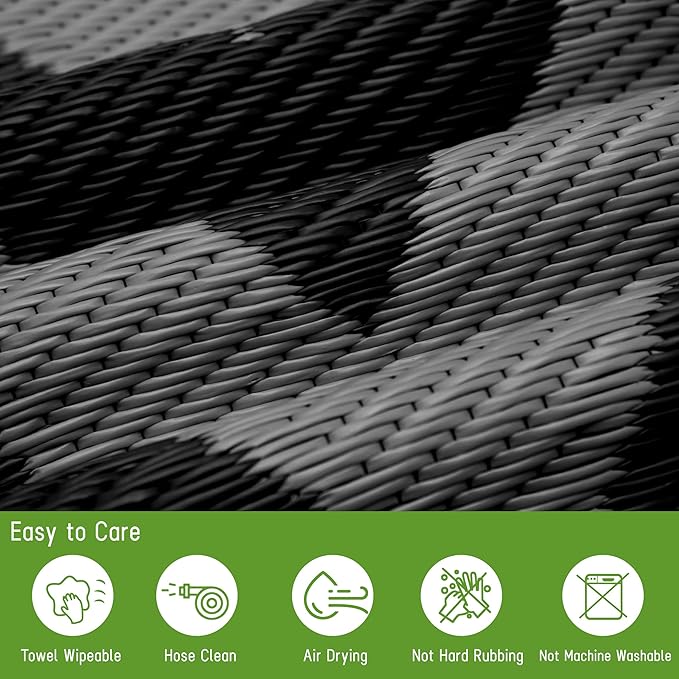 Easy-Going Reversible Outdoor Rugs 5x8ft Waterproof Plastic Straw Rug Stain & UV Resistant Floor Mat for Patio Porch RV Backyard Pool Deck Picnic Beach Trailer Camping (Waved Black & Grey)