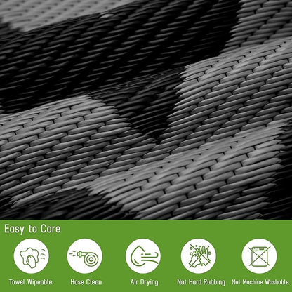 Easy-Going Reversible Outdoor Rugs 5x8ft Waterproof Plastic Straw Rug Stain & UV Resistant Floor Mat for Patio Porch RV Backyard Pool Deck Picnic Beach Trailer Camping (Waved Black & Grey)