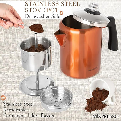 Mixpresso Copper Stainless Steel Coffee Percolator Stovetop, 37oz Classic Percolator Coffee Pot, Excellent For Camping Pot, 5-8 Cup Stove Top Coffee Maker, Cool-Touch Handle