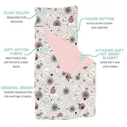 JumpOff Jo - Extra Long Toddler Nap Mat for Preschool, Daycare and Kindergarten - Sleeping Bag for Kids with Removable Pillow and Ultra Soft Blanket - Floral, Daisy Bug