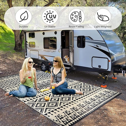 Waterproof Outdoor Rug 6x9ft, Bohemia Reversible Plastic Straw Mat for Patio RV Deck Porch Backyard Balcony Camping Picnic Beach Indoor Outdoor Carpet, Black&Beige