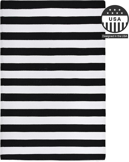 FH Home Outdoor Rug - Waterproof, Fade Resistant, Reversible - Premium Recycled Plastic - Striped - Porch, Deck, Balcony, Mudroom, Laundry Room, Patio - Brittany - Black & White Crease Free - 3 x 5 ft