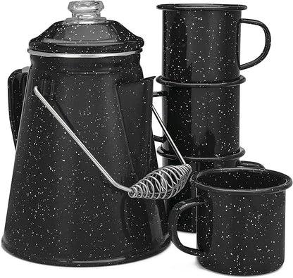 COLETTI Classic Camping Coffee Pot & Mug Set - Percolator Coffee Pot, Enamel Mug Complete Nostalgic Bundle German Imported Enamel Powder [12 oz, Set of 4] (Black)