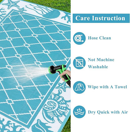 Vaukki Reversible Rugs, Plastic Straw Outdoor Doormat, Fade Resistant Plastic Outdoor Patio Mat, Lightweight Ocean Area Carpet for Patio, RV, Camping, Beach, Deck, Backyard and Picnic (Teal, 5'x8')