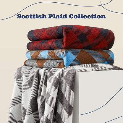 ACUSHLA Merino Wool Blanket - Soft Warm Thick Washable Large Throw Blanket for Camping Bed Couch Outdoor Travel All Weather, Scottish Plaid Blue 79X63