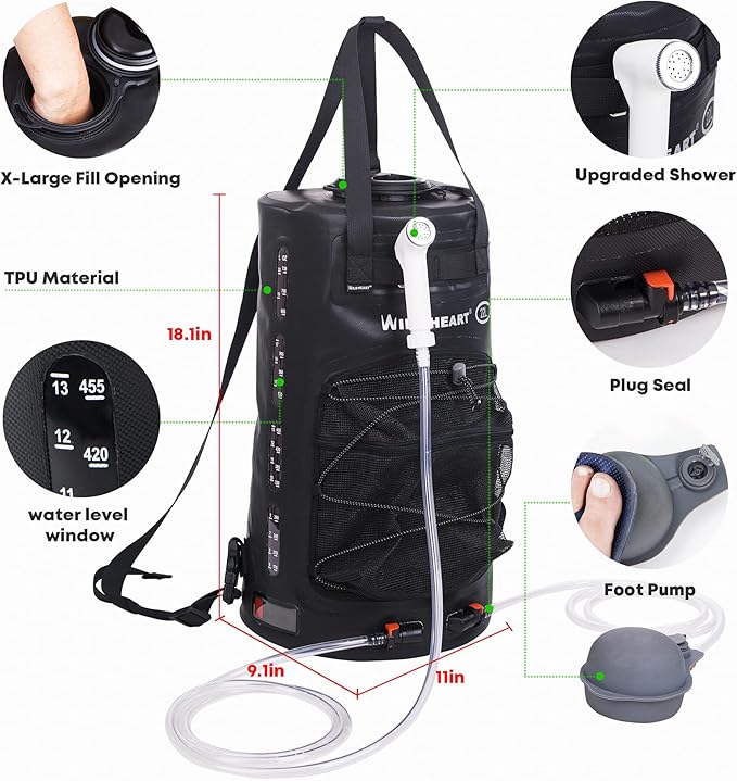 WILD HEART Camping Shower 22L/ 12L Portable Shower for Camping with Pressure Foot Pump and Hose - Solar Shower Bag backpack for Camping, Road Trip & Outdoor Use
