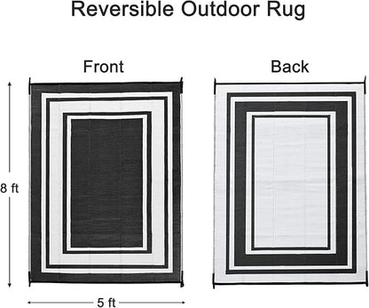RURALITY Outdoor Rugs 5x8 Waterproof for Patios Clearance,Plastic Straw Mats for Backyard,Porch,Deck,Balcony,Reversible,Black and White