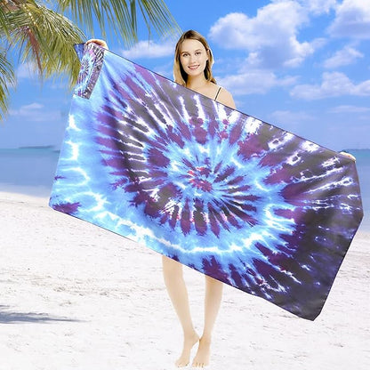 Beach Towel Microfiber Beach Towel with Pocket Sand Free Beach Blanket Super Lightweight Thin Towels for Swimming Pool, Camping, Picnic, Yoga Gym Sports, Blue Die dye Beach Towels (tie dye blue)