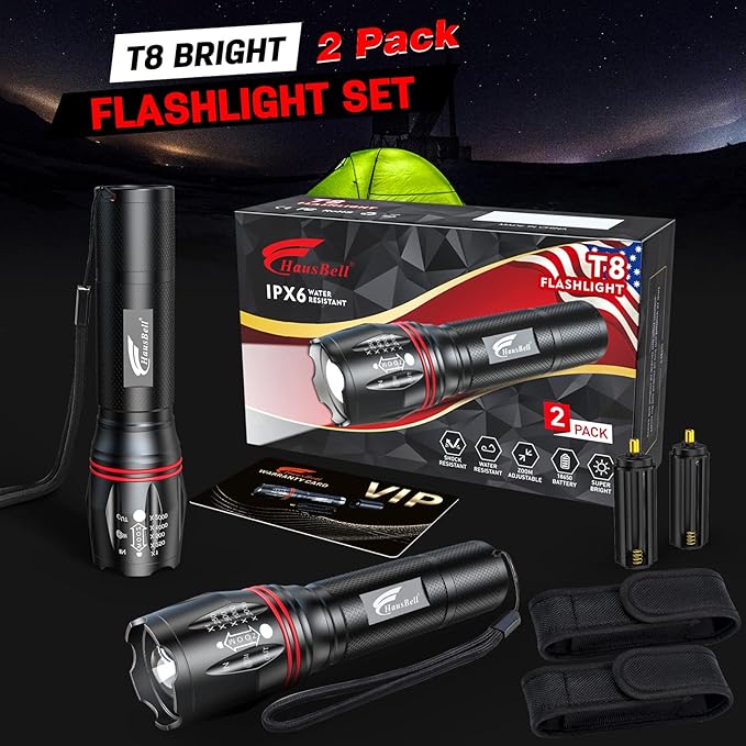 HAUSBELL T8 Upgraded LED Flashlight Bright, Zoomable Tactical LED Flashlights Flash Light with High Lumens and Five Modes and Camping Accessories, 2 Pack