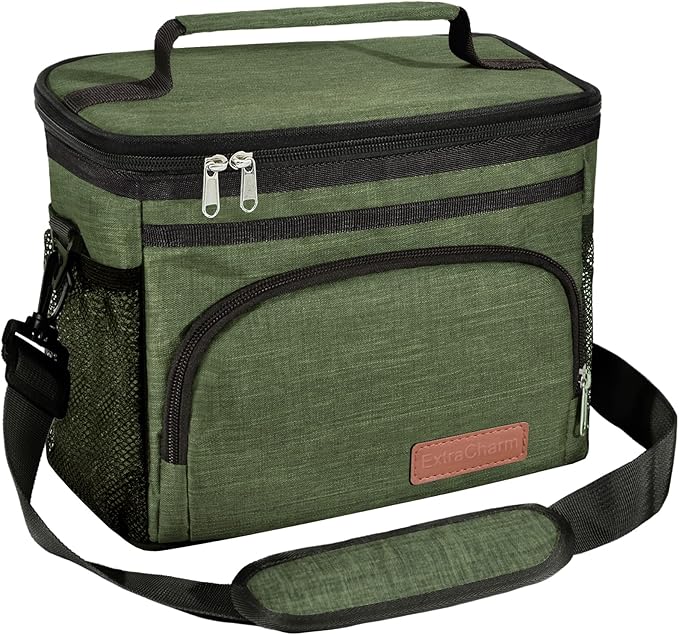 ExtraCharm Insulated Lunch Bag for Women/Men - Reusable Lunch Box for Office Picnic Hiking Beach - Leakproof Cooler Tote Bag Organizer with Adjustable Shoulder Strap for Adults - Green