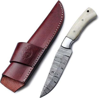 Handmade Damascus Steel Knife Bowie for Hunting,Survival,Camping,Bushcraft,and Fishing- Fixed Blade Dagger with Drop point Full Tang Micarta Handle, Leather Sheath - WKD-803