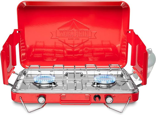 Hike Crew Gas Camping Stove | 20,000 BTU Portable Propane 2 Burner Stovetop | Integrated Igniter & Stainless Steel Drip Tray | Built-in Carrying Handle, Foldable Legs, Wind Panels | Includes Regulator