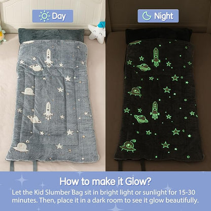 Sleeping Bag for Kids Toddler Nap Mat 63" x 30" Toddler Slumber Bag Glow in The Dark Blanket Fluffy with Padded Mat for Boys, Girls,Grey Space/Pink Unicorn/Rainbow Unicorn