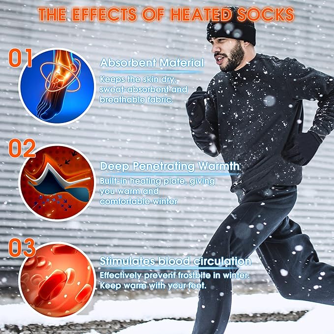 MMlove Heated Socks, Electric Socks Rechargeable Heated Socks for Men Women 3 Heat Settings Winter Thermal Socks, Indoor Outdoor Foot Warmers for Skiiing Hiking Camping Fishing Working