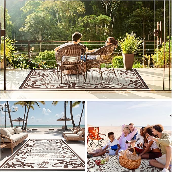 COCOER Outdoor-Rug 6x9 ft Waterproof Reversible Outdoor Plastic Straw Rug RV Indoor Outdoor Carpet Quick Dry Patio Rug Camping Mat for Balcony Backyard Picnic Beach-Brown&Beige