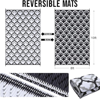 OLANLY Reversible Outdoor Rug 8x10 ft Clearance, Waterproof Outdoor Plastic Straw Rug with Interlacing Pattern, RV Mat for Patio, Camping, Balcony, Deck, Backyard, Black & White