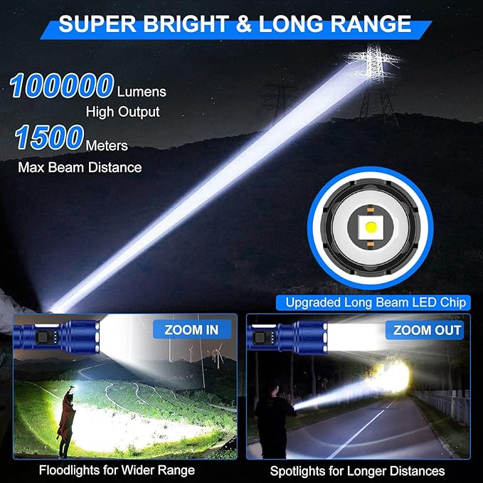 Rechargeable Magnetic Flashlights 100,000 High Lumens, Super Bright LED Powerful Flashlight 8 Modes with COB Work Light, Waterproof Handheld Flash Light for Camping (2 Pack with Paper Box, Blue)