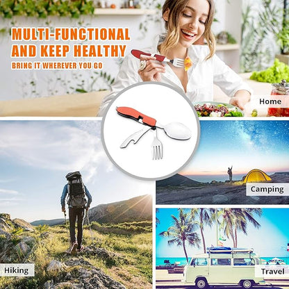 Camping Utensils 2 Pack,HIKENTURE 4-in-1 Stainless Steel Spoon, Fork, Knife, and Bottle Opener Combo - Lightweight and Portable Travel Eating Silverware for Hiking, Backpacking, and Picnic (Red 2pack)