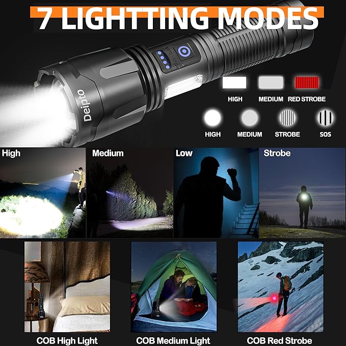 Rechargeable Flashlights High Lumens, Super Bright Flashlight 9000000 lumens with 7 Modes, IP54 Waterproof Tactical Flashlights for Home Camping Emergencies Running