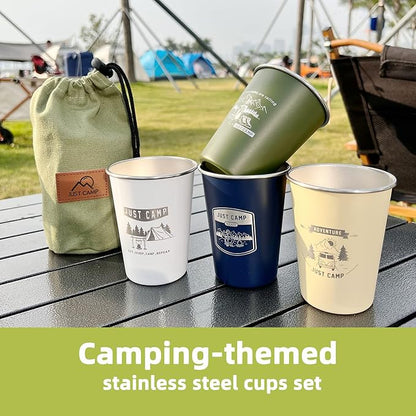 4pcs Camping Cup 11oz Wilderness Theme Pattern 18/8 Stainless Steel for Outdoor Picnic Hiking Fishing Pint cup Tumbler Gift 4 colors