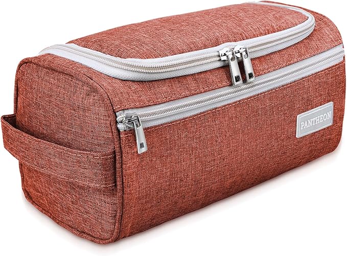 Pantheon Men's Toiletry Bag - Travel Toiletry Bag Wash Bag Hanging Dopp Kit Shaving Kit for Bathroom Shower - Mens Travel Bag Hanging Toiletry Organizer Toiletry Kit for Traveling (Brick Red)
