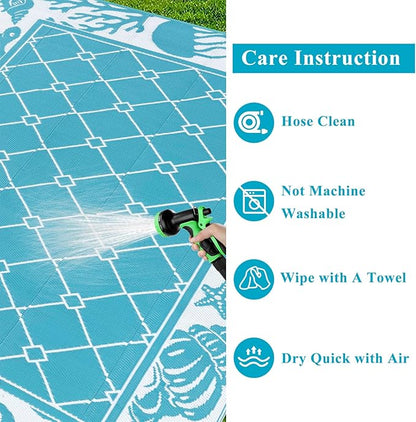 Vaukki Reversible Rugs, Plastic Straw Outdoor Doormat, Fade Resistant Plastic Outdoor Patio Mat, Lightweight Ocean Area Carpet for Patio, RV, Camping, Beach, Deck, Backyard and Picnic (Teal, 6'x9')