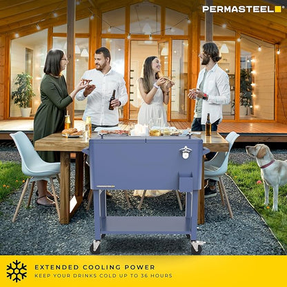 Permasteel 80-Qt Outdoor Patio Cooler with Removable Basin, Outside Beverage Cooler Cart, Rolling Cooler with Wheels and Handles, Azure Blue