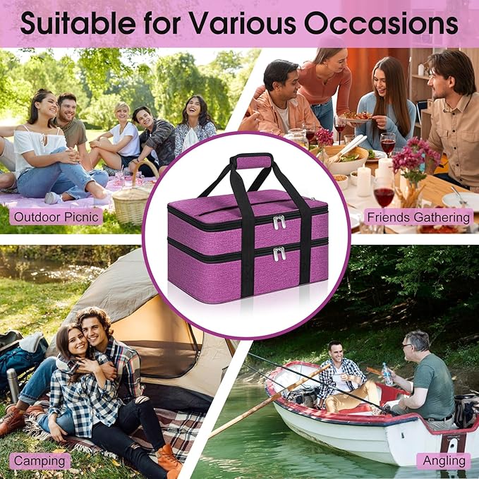 Double Insulated Casserole Carrier, Portable Casserole Carrier for Hot or Cold Food Lunch Tote Warmer or Cooler Bag, Lasagna Lunch Bag for Potluck Parties- Fits 9" x 13" Baking Dish-Rose Purple