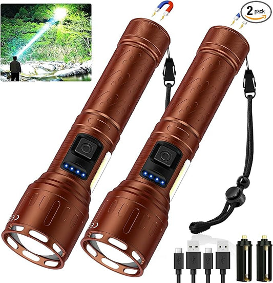 Rechargeable Magnetic Flashlights 100,000 High Lumens, Super Bright LED Powerful Flashlight 8 Modes with COB Work Light, Waterproof Handheld Flash Light for Camping (2 Pack with Paper Box, Brown)