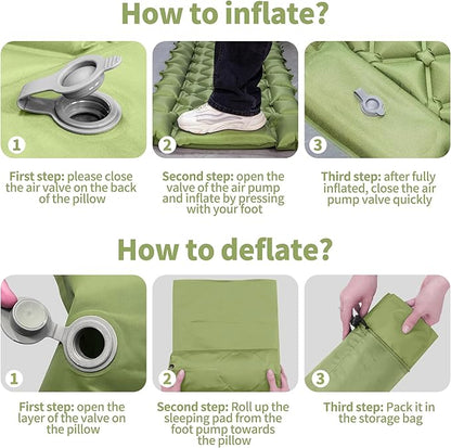 Single Sleeping Pad for Camping, Ultralight Inflatable Sleeping Mat with Pillow and Built-in Foot Pump, Portable Camping Mattress for Tent, Backpacking, Hiking, Traveling（Green）