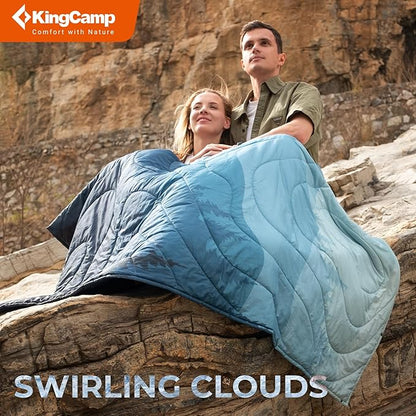 KingCamp Lightweight Camping Blanket - Puffy Printed Warm Camping Quilt with Snap Button - Portable for Travel, Hiking, Stadium, Airplane - 79" x 57" - Cyan