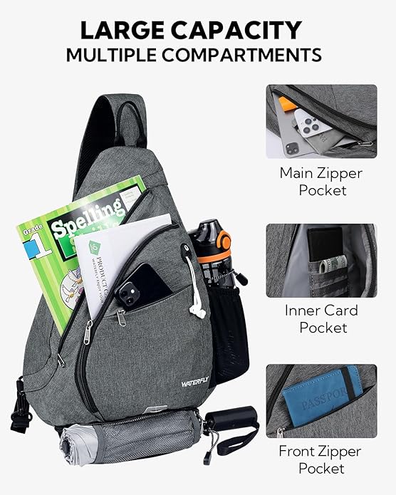 WATERFLY Sling Bag Crossbody Backpack: Over Shoulder Daypack Casual Cross Chest Side Pack