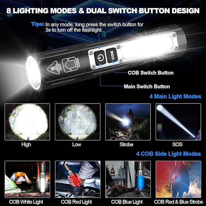 LED Rechargeable Magnetic Flashlights 20000 High Lumens - Super Bright Long Beam Pocket Powerful Flashlight 8 Modes with COB Work Light, Dual Button Tactical Small Flashlight for Camping Emergency
