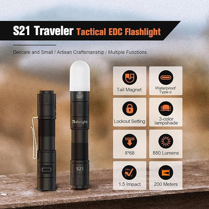 S21 Portable EDC Pocket Flashlight, 880 High Lumen AA Rechargeable Mini Flashlight, Magnetic Tail Switch Light Small Flashlights,Suitable for Outdoor, Camping, Emergency Situations（Black）